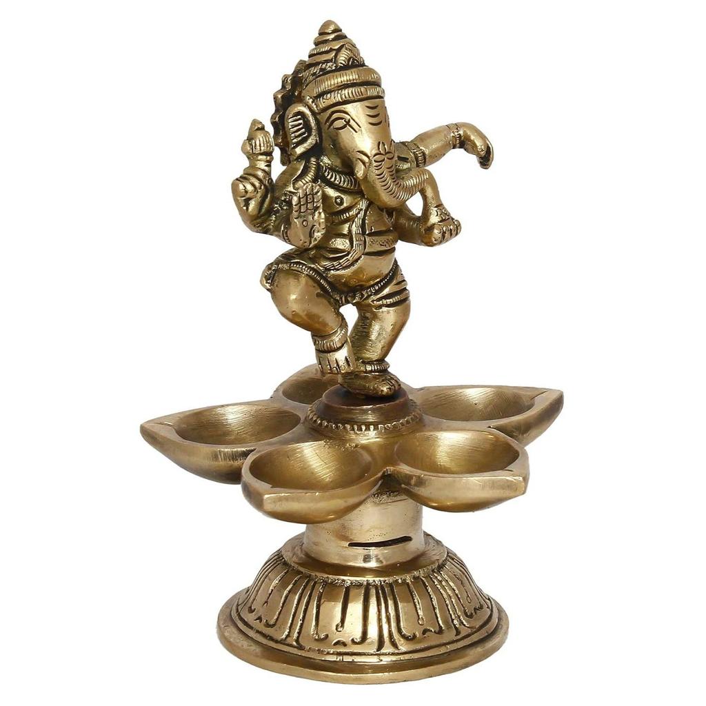 Golden Brass Handcrafted Dancing Lord Ganesha Idol With Diya Of 5 Wicks - Auspicious Decorative Diya, Deepak, Deepam For Home, Office, Temple Decor