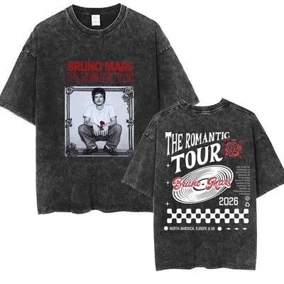 Amerikansk Sångare Rappare Bruno Mars The Romantic Tour 2026 Vintage Tvättad T-shirt Herr Dam Punk Gotisk Mode Bomull Kortärmad T-shirt Streetwear