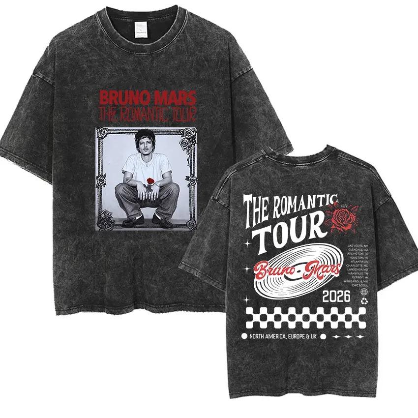 

American Singer Rapper Bruno Mars The Romantic Tour 2026 Vintage Washed T Shirts Men Women Punk Gothic Fashion Cotton Short Sleeve T-Shirt Streetwear L