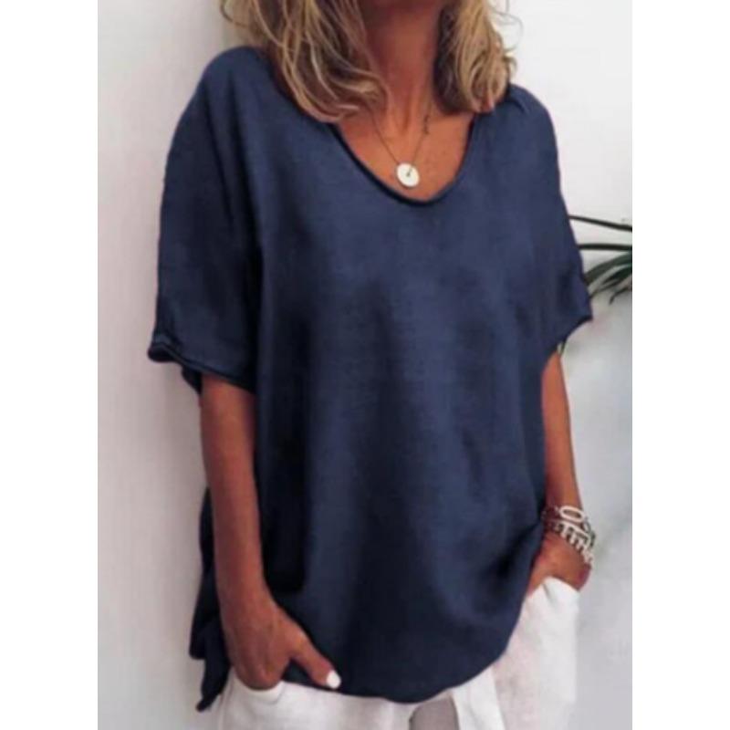Sommer Lässiges Kurzarm Baumwoll-Leinen T-Shirt Neue Große Größe Einfarbige Hemden V-Ausschnitt Lässige Damenbluse Mode Elegante T-Shirts Oberteile Kleidung XL navy blau