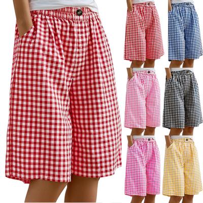 Women's Casual Comfortable Plaid Button-up Summer Shorts With Pockets