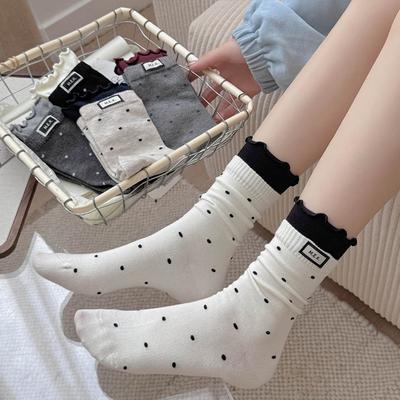 Woman Socks New Dots Cute Frilly Casual Long Socks For Women Breathable Preppy Style Ladies Novelties Socks Cotton Soft Comfy