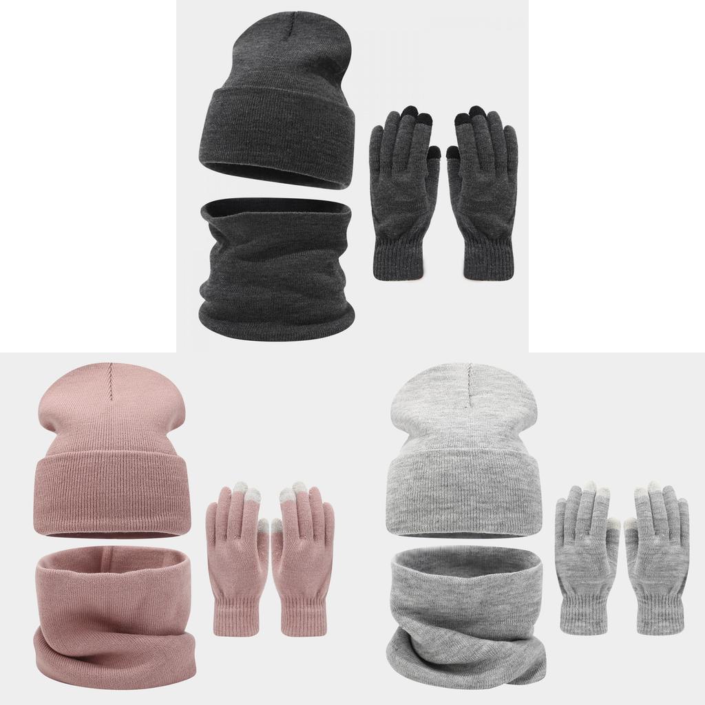 Winter Outdoor Big Head Pure Color Face Slimming Hat Scarf Gloves Set For Adults