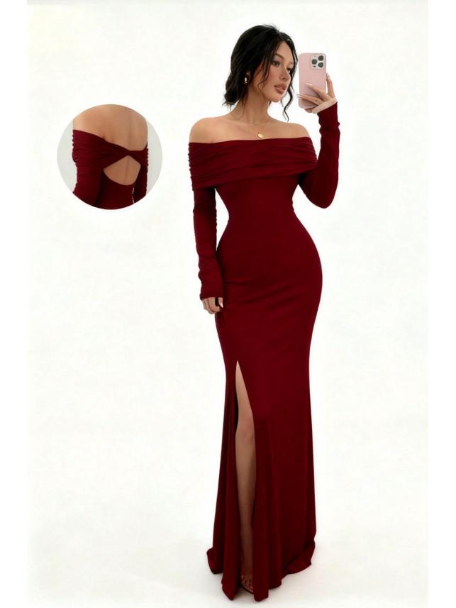 2026 Autumn One-Shoulder Slit Long Sleeve Slim Fit Socialite Dress