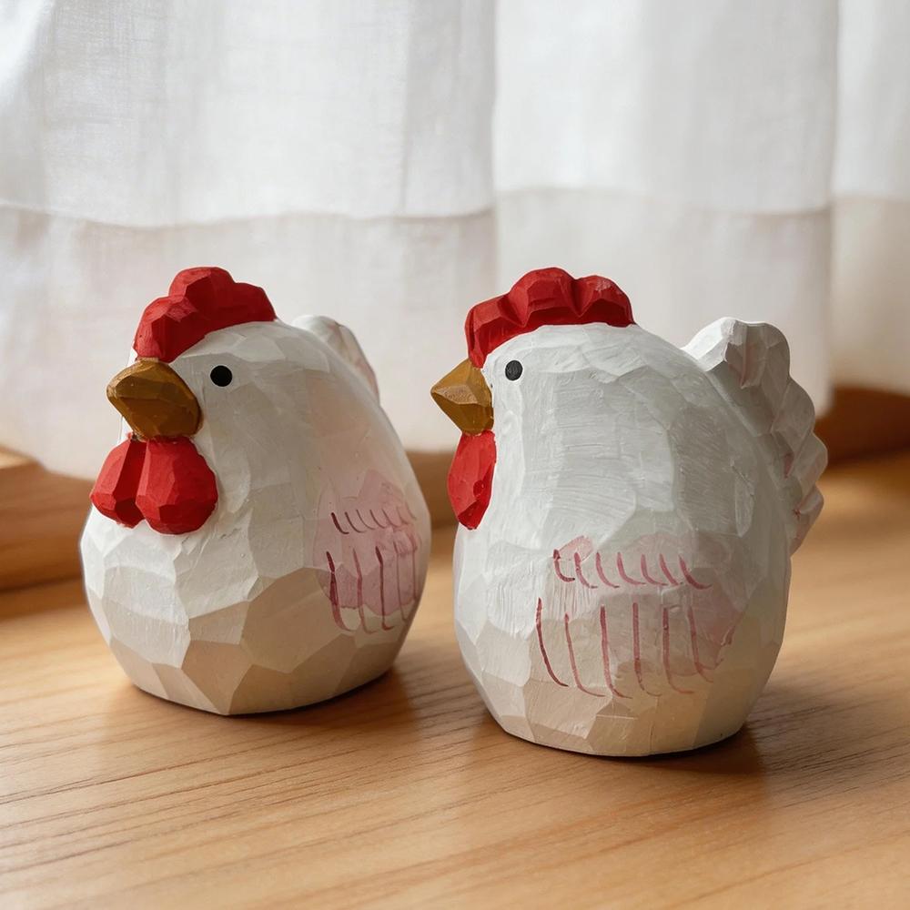 Hand Carved Wooden Rooster Rustic Figurine Cute White Chicken Statue Farmhouse Kitchen Home Desk Shelf Decor Ornament Gift