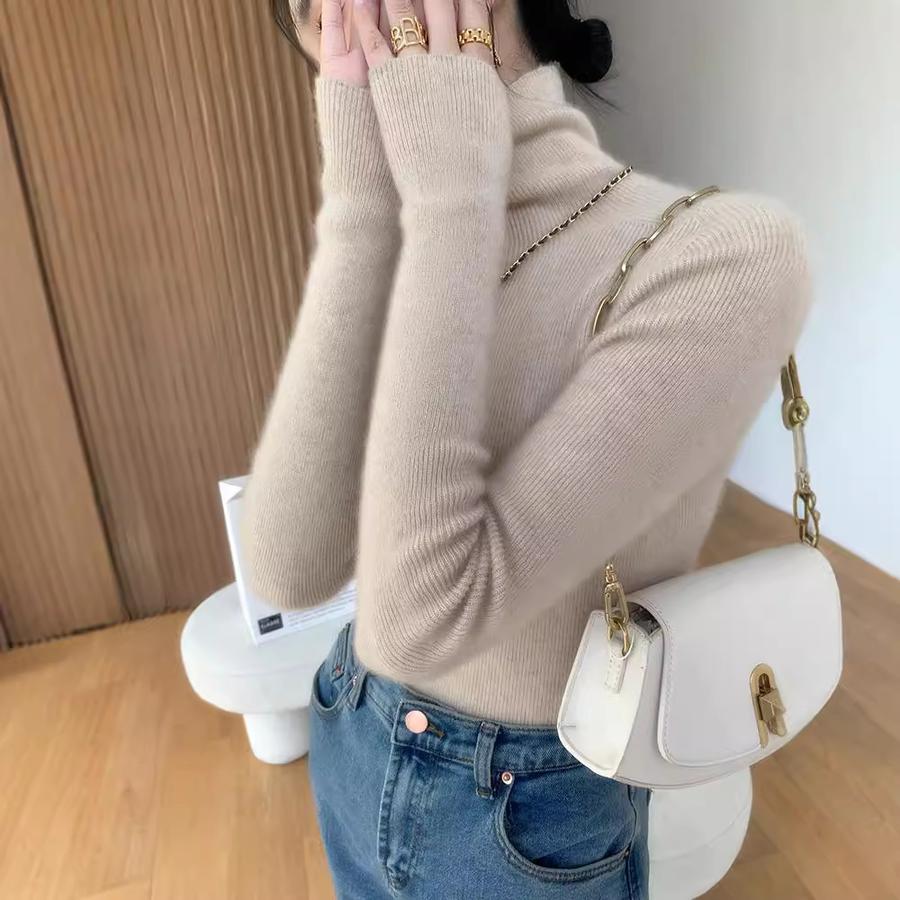 High Neck Cashmere Wool Sweater Women's Solid Color Drawstring Base Layer Slim Fit Thin Knit Pullover Autumn Winter Inner Wear
