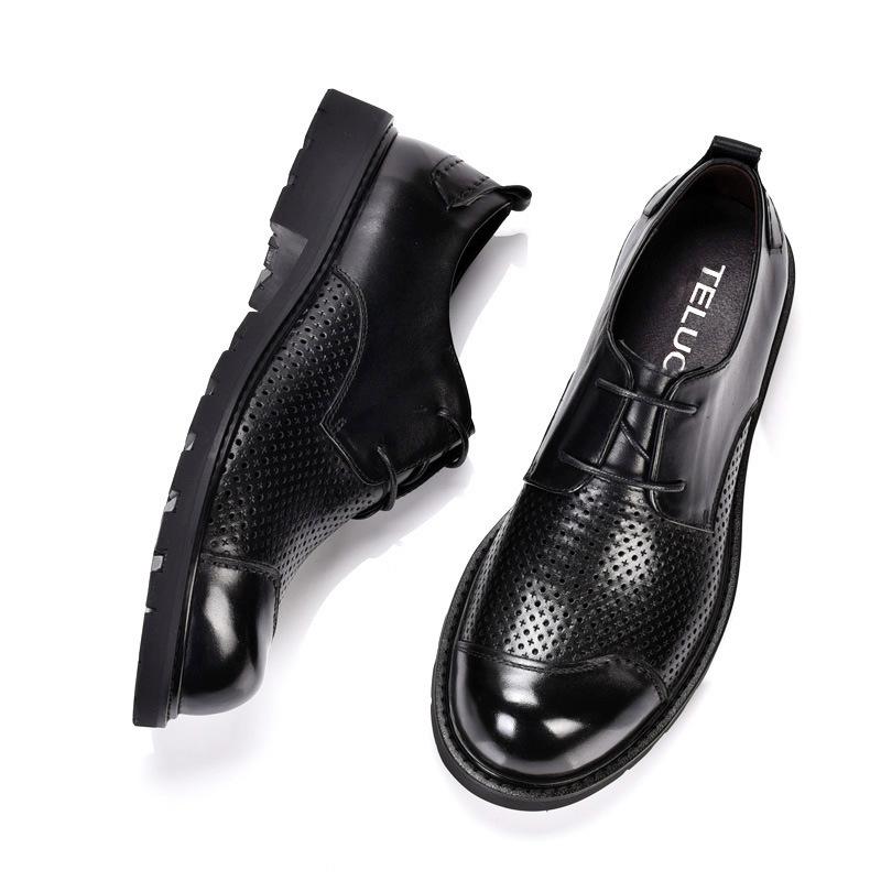 Big Head Shoes Men'S Hollow Leather Shoes Trendy Versatile Thick-Soled Business Shoes Breathable Round Head Punched Hole Shoes Sandals Men