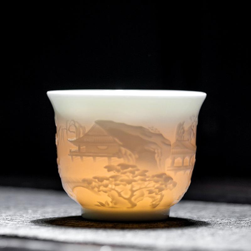 Handmade Tengwangge Pavilion Relief White Porcelain Tea Cup Chinese Gongfu Tea Set Personal Tea Cup Ceramic Gift for Tea Lovers