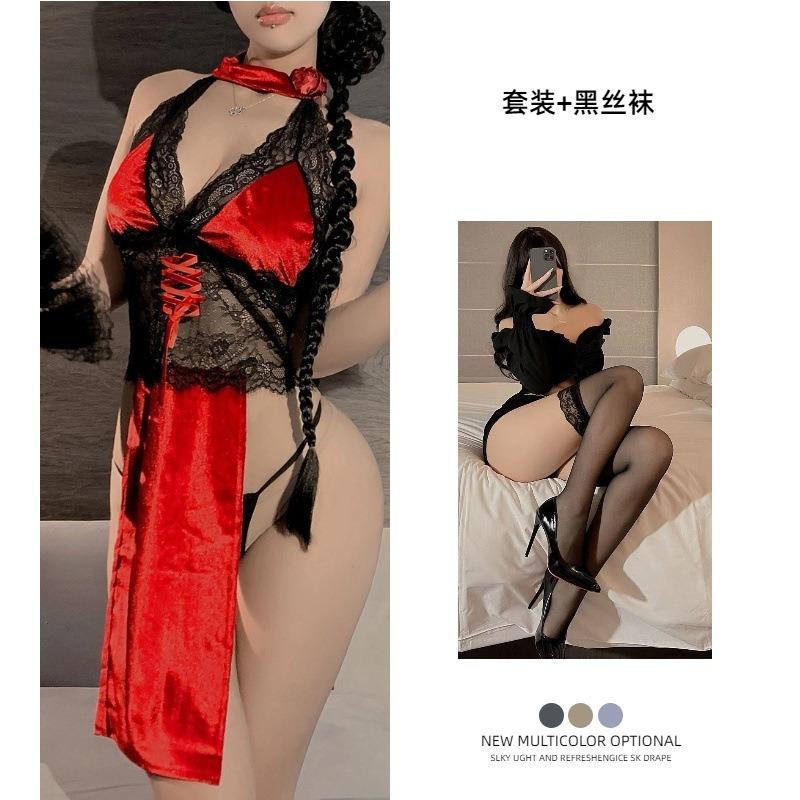 Exotic Sexy Lingerie Sexy Lace Perspective High Waist Split Rose Dance Girl Retro Cheongsam Uniform Set