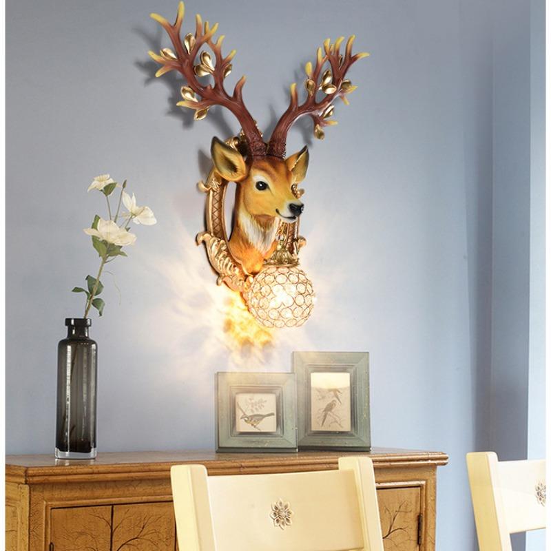 Vintage Wall Lamp Creative Deer Head Living Room Wall Hanging Lamp Bedroom Hallway Crystal Lamp