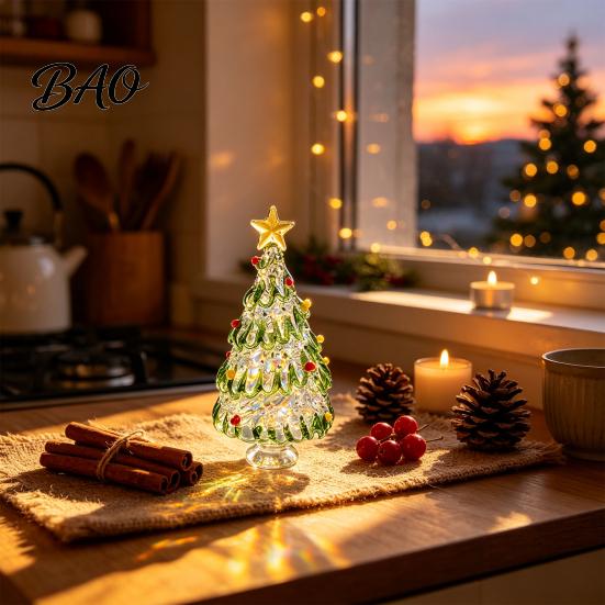 Christmas Atmosphere Decor Hand Blown Glass Tree Figurine with Golen Star, Ornament Mini Xmas Ornament, Handmade Desktop Holiday Decoration Tabletop