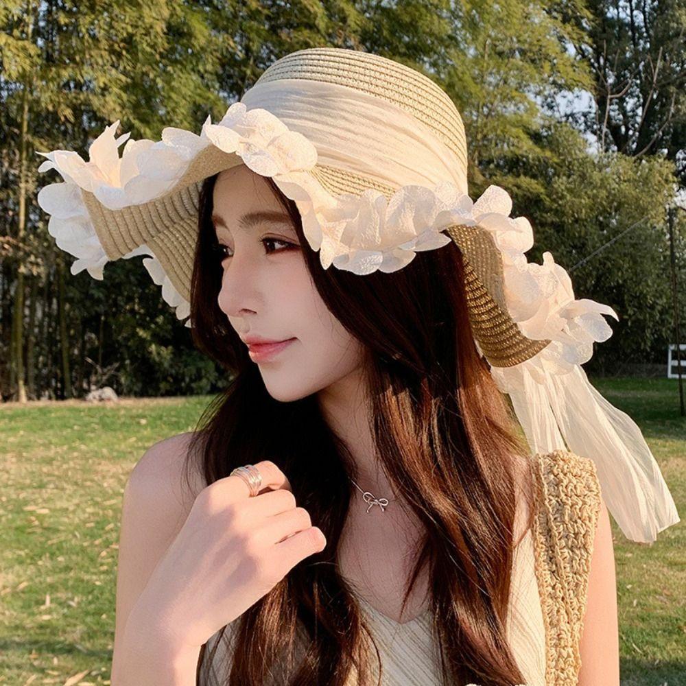 with Mesh Bow Straw Hat Wide-brimmed Sun Hat Elegant Sunshade Hat  for Summer Sun Protection