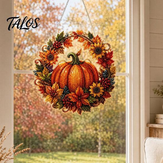 Elegant Holiday Ornament Fall Pumpkin Sunflower Wreath Hanging Decor, Acrylic Hand Painted Festive Party Decoration Window Ornament, Thanksgiving