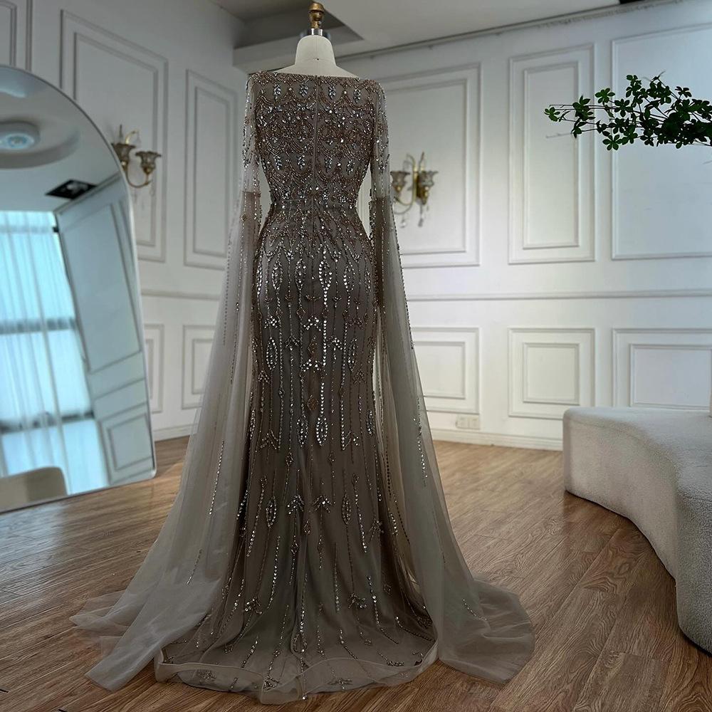 Caramel color flying sleeve evening dress, high-end bead fishtail art exam solo host long dress LA11911