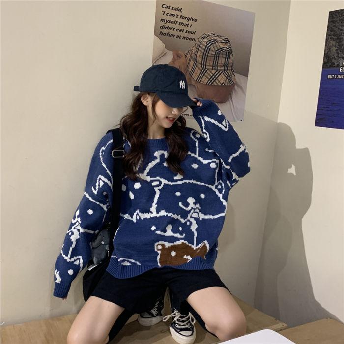Autumn and Winter Lazy Wind Bear Sweater Women's Loose Pullover Jacket