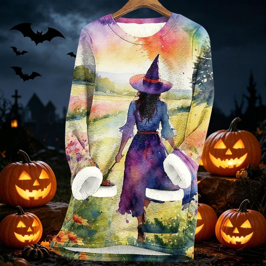 Women's Halloween Print -Lined Long Jacket for Fall and Winter Warmth
