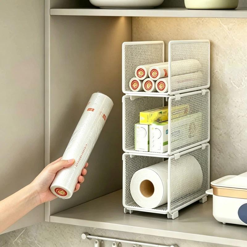Stackable Kitchen Storage Baskets Easy Install Pantry Racks for Spices Plastic Wrap Paper Towel Kitchen Organization