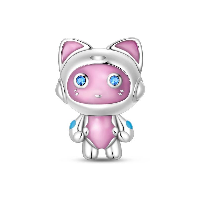 Lnlaid With Zircon Crown Charm Beads Copper Pink Robot Poodle Dangle For Original Braceletccharms Pendant Jewelry