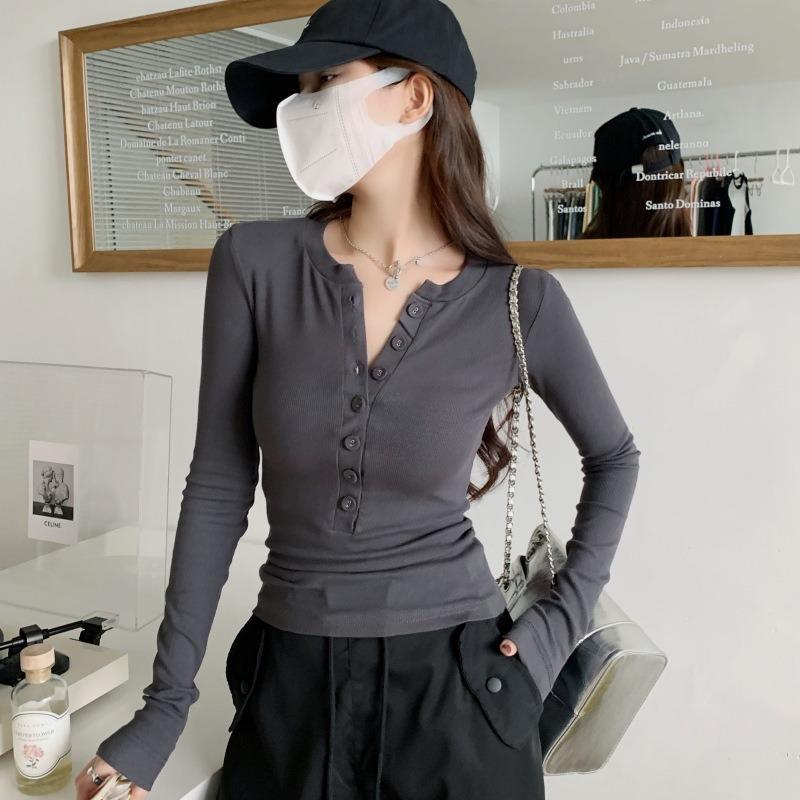 Vintage slim-fitting and thin bottoming shirt women's spring single-breasted button-up front shoulder long-sleeved T-shirt with top inside