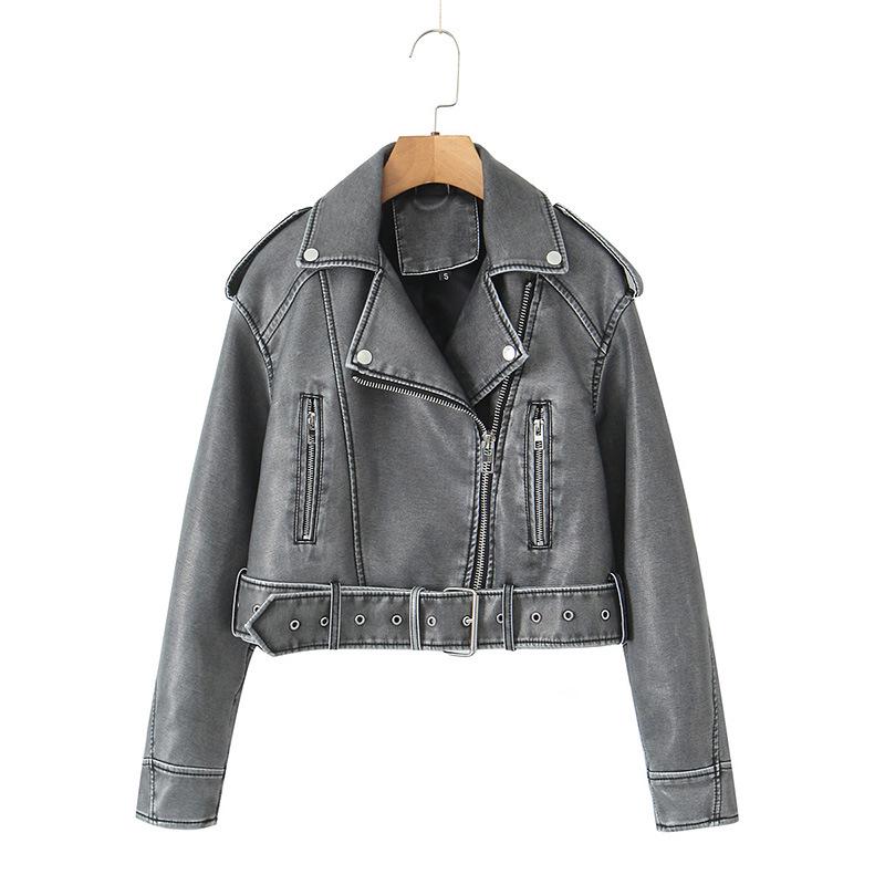 Women's Versatile Retro Leather Motorcycle Jacket - Short, Stylish Spring/Autumn Coat