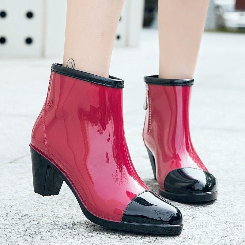 Regenlaarzen Luxe Designer Dames Chunky Hakken Rubber Schoenen Waterdicht Pvc Tuin Werk Galochen Enkellaars Regenlaarzen Schoeisel 37