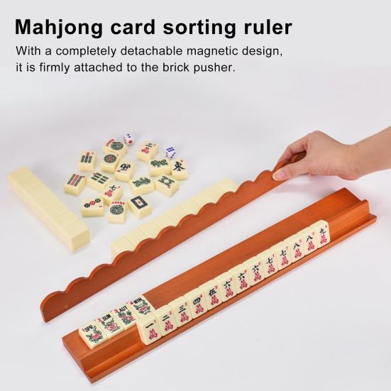 4Pcs Wooden Mahjong Rack with Detachable Magnetic Pusher Scalloped Edge American Mah Jongg Tile Holder Push Ruler Mahjong Accessories