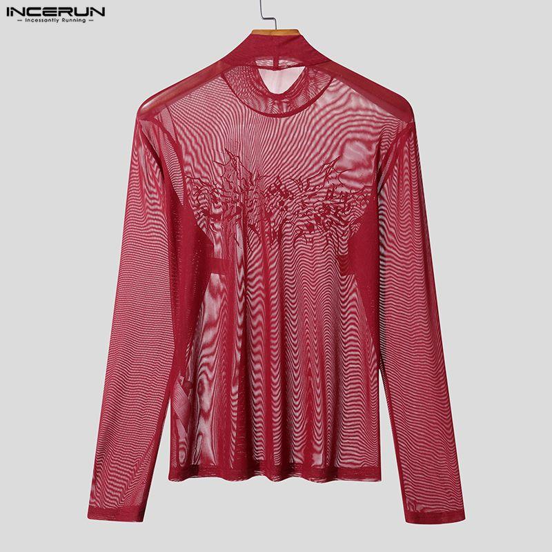 INCERUN Men Turtleneck Long Sleeve Mesh Sheer Transparent Fitted Party Clubwear T-shirts