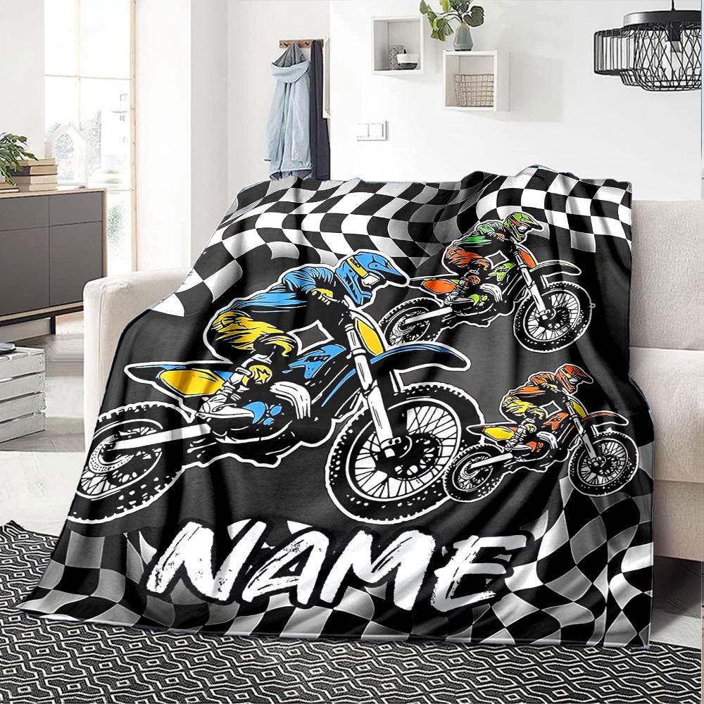 Coperta stampata a tema moto da fuoristrada con nome personalizzato - Perfetta per divano, letto, viaggi e uso all'aperto | Lavabile in lavatrice, accogliente e resistente.