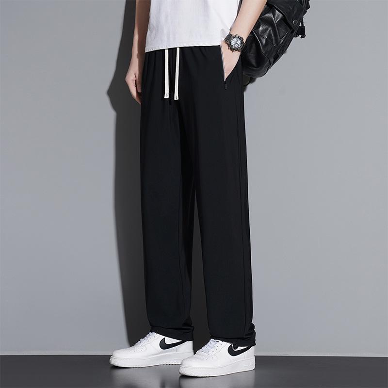 Extra dlouhé 120cm letní kalhoty z ledového hedvábí pro vysoké muže - Tenké s rovnými nohavicemi a 110cm plochou nohavicí se stahovací šňůrkou