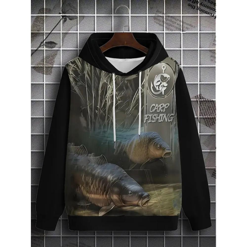 Fashion Fishing Pattern Print Hoodies for Man Autumn Winter Outdoor Loose Enthusiast Long Sleeve with Pockets Men's Sweatshirt