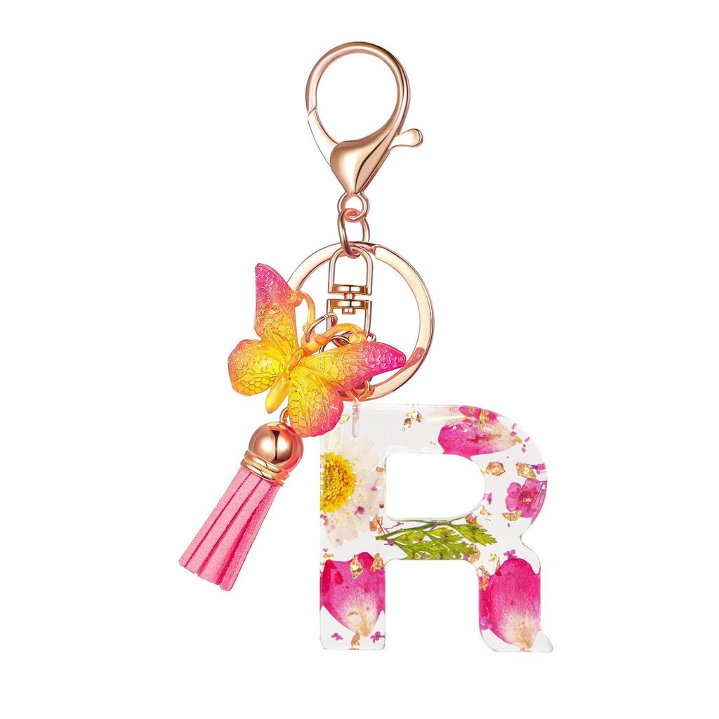 Flower Resin Keychain With Tassels And Butterfly Design 26 Letters Pendant Classic Retro Practical Durable Backpack Hanging Accessory