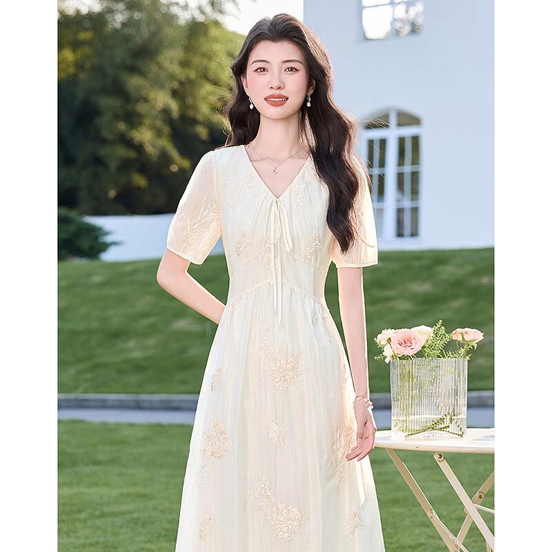 Fleeting Time Embroidered Short-Sleeve Midi Dress