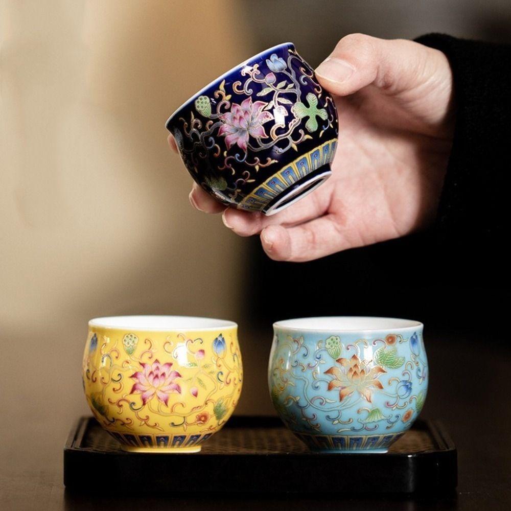 

Ceramic Enamelled Porcelain Cup Interlock Branch Lotus Drinking Cup for Home&Office Blue