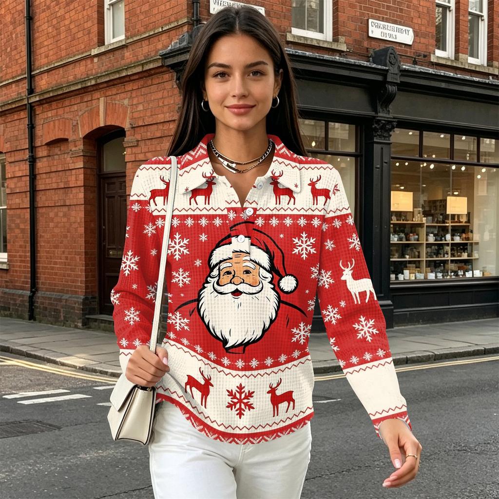 Women's Casual Christmas Print Knit Long Sleeve Button Front Collared Top