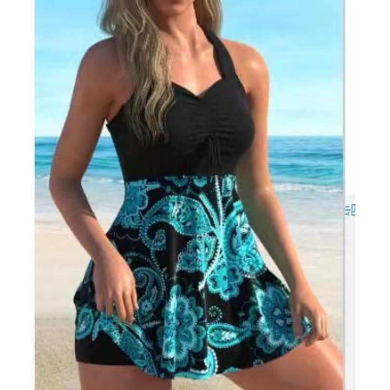 Women's Tropical Leaf Print V-Neck Tankini Swimsuit With Boyshort Bottom
