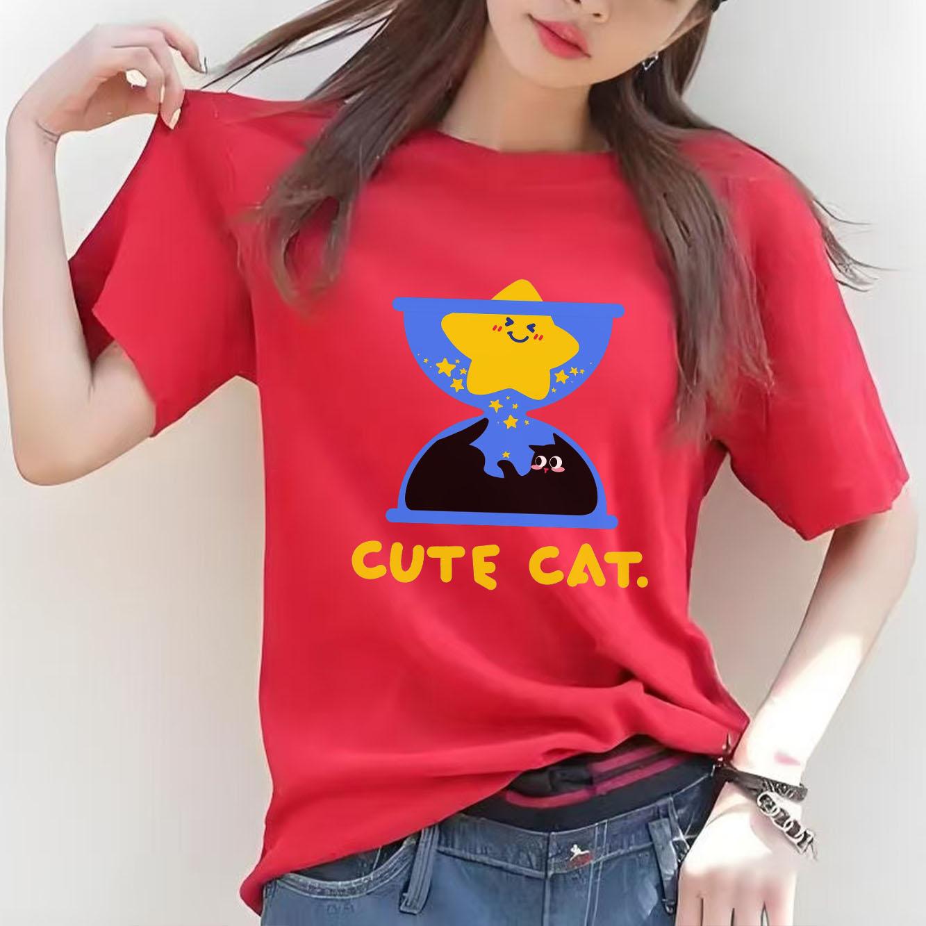 

Cute black cat hourglass cartoon printed Tshirt short sleeved round neck casual Womens Tshirt suitable for all seasons S