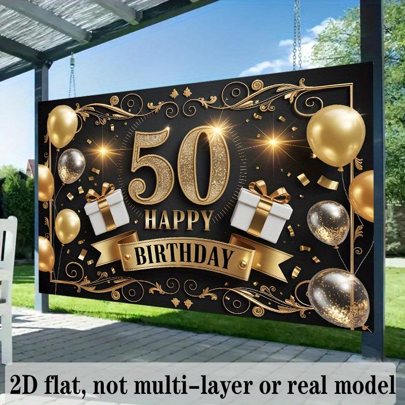 2D flach, 1 Stück elegantes 50. Geburtstag Party Hintergrundbanner - gold und schwarz Polyester Wanddekoration mit Ballons,