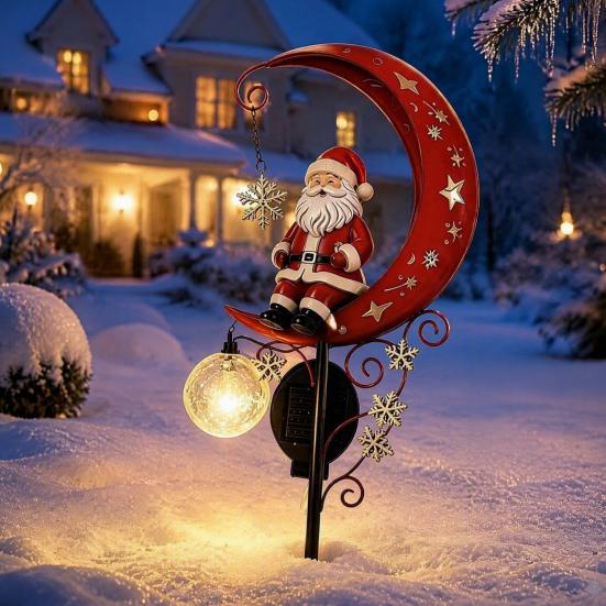 Festive Lawn Ornament 31 Inch Solar-Powered Christmas Garden Stake Light, Santa Claus On A Moon LED Pathway Solar Light with Snowflake Charm,