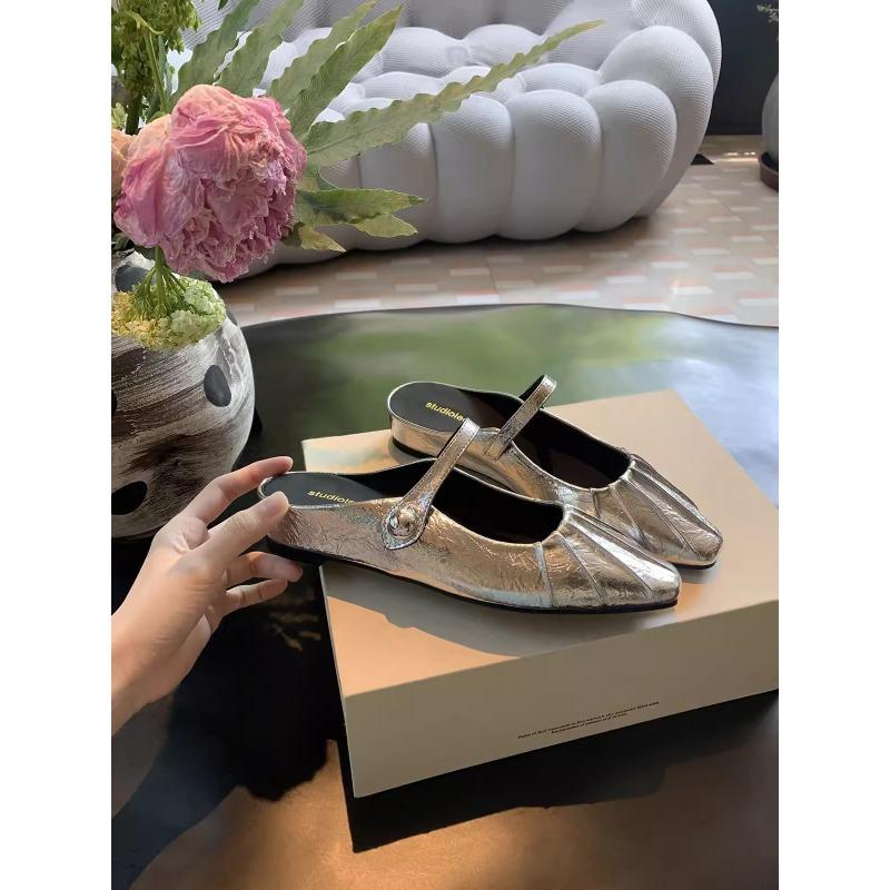 Sheepskin square head folds inner height increase single shoes bag head half slippers women's one-word with shallow mouth Mary Jane shoes