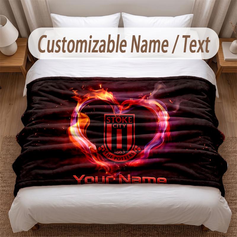Stoke City FC Printed Flannel Blanket Custom Name Text Soft Warm Throw For Bedroom Holiday Gift