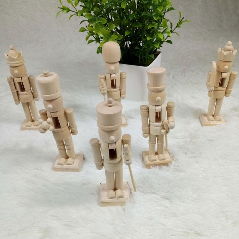 6pcs Christmas Nutcrackers Soldier Unpainted DIY Wood Walnut Figures with Paint and Brush Unfinished Nutcrackers Decor