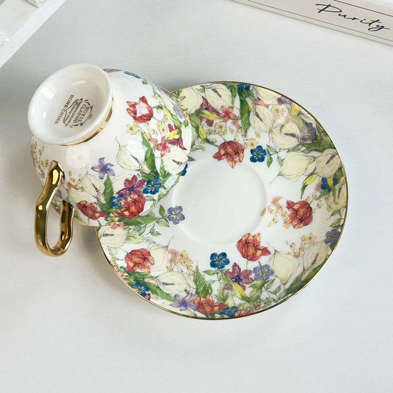 Brilliant Flowers Pattern Ceramic Cup&saucer Gold-plated Coffee Mug Dining Table Milk Mugs Afternoon Tea Teacup Fruits Juice Cup