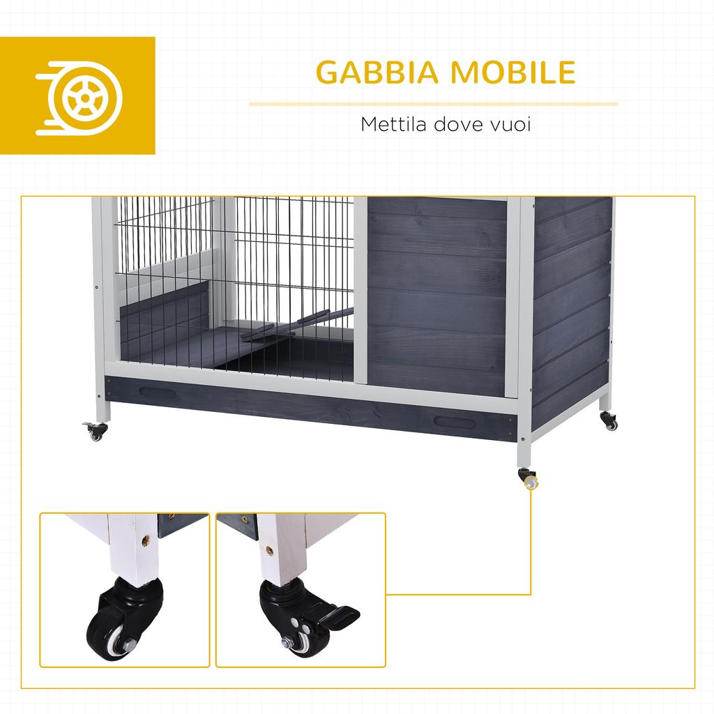 Rabbit and Guinea Pig Cage with 4 Wheels, House, Ramp and Removable Tray, Natural Wood, Grey and White, 90x53x59 cm