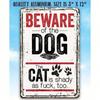 Beware Of The Dog The Cat Is Shady Retro Metal Sign, Funny Pet Wall Art, Novelty Dog Cat Owners Gift