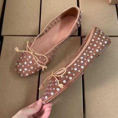 Summer Breathable Mesh Women Ballet Flats Bling Diamond Bow Decoration Soft Sole Leisure Ladies Mary Jane Shoes