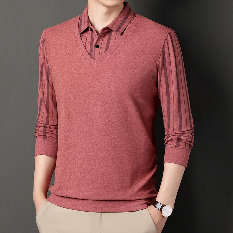 Men's New Autumn and Winter Long-sleeved T-shirt Polo Shirt for Young and Middle-aged People with Lapel Trendy Striped Bottoming Shirt for Men
