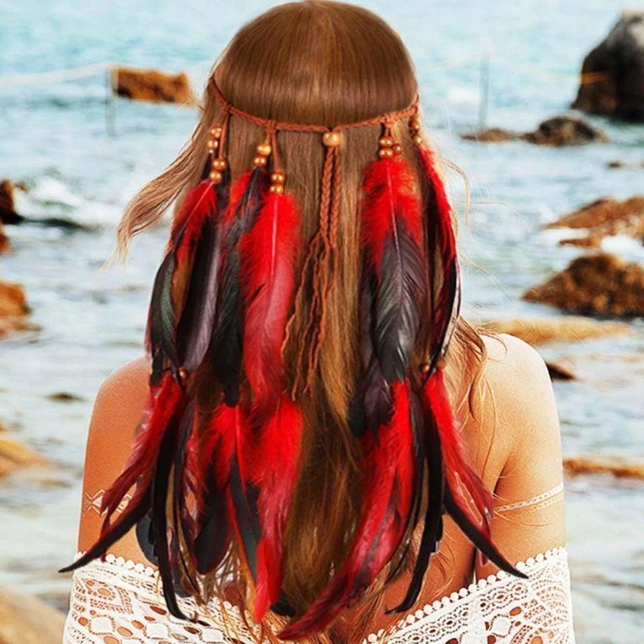 Boho Veer Hoofdband Hippie Hoofdband Zigeuner Veer Hoofddeksel Indiaas Kostuum Hoofddeksel Haaraccessoire voor Vrouwen black
