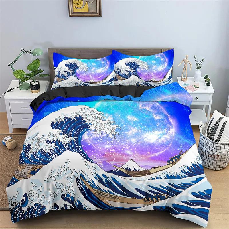 3D Ocean Waves Bedding Set Queen Size Soft Summer Sea Beach Duvet Cover Set Hawaiian Tropical Print Comforter Cover Pillowcases