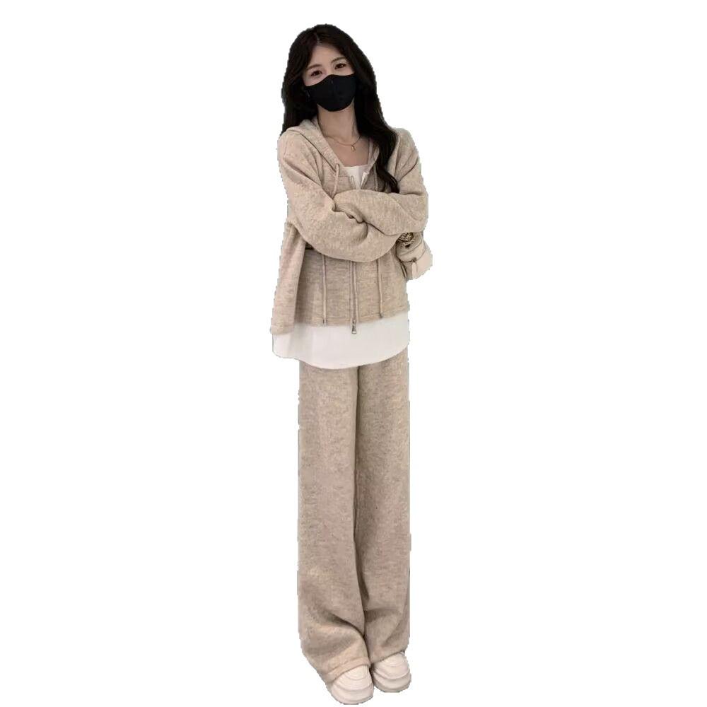 Women's Trendy Loose Fit Hooded Sweatshirt & Wide-Leg Pants Set - Spring/Autumn Casual Style