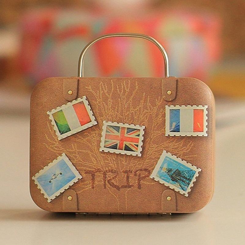 New European Vintage Suitcase Shape Candy Storage Box Wedding Favor Tin Box Cable Organizer Container Random